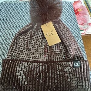 C.C. Chocolate Sequin Knit Hat with Pom